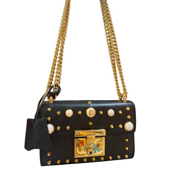 Gucci Calfskin Studded Small Padlock Pearl Shoulder Bag*Black*COA - Picture 1 of 15